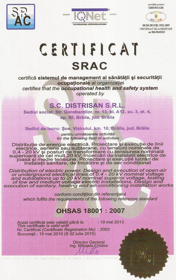 Certificat SRAC - sistemul de management al sanatatii si securitatii ocupationale